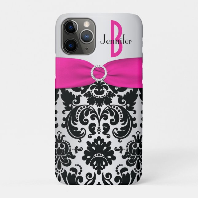 Personalized Pink, Black, Silver Damask Case-Mate iPhone Case (Back)