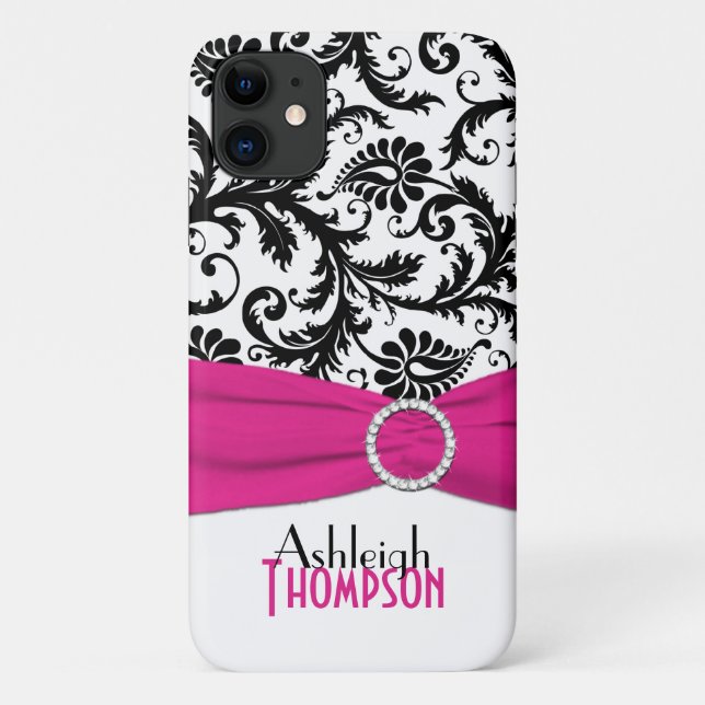 Personalized Pink, Black, White Floral Damask Case-Mate iPhone Case (Back)