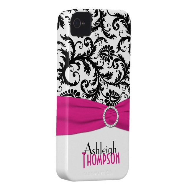 Personalized Pink, Black, White Floral Damask Case-Mate iPhone Case (Back/Right)