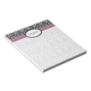 Personalized Pink, Black, White Floral Damask Notepad