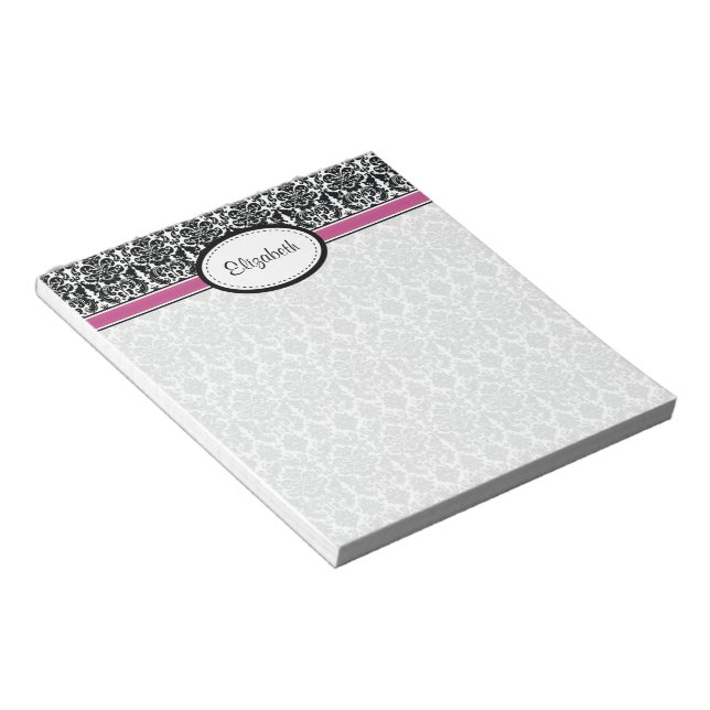 Personalized Pink, Black, White Floral Damask Notepad (Angled)