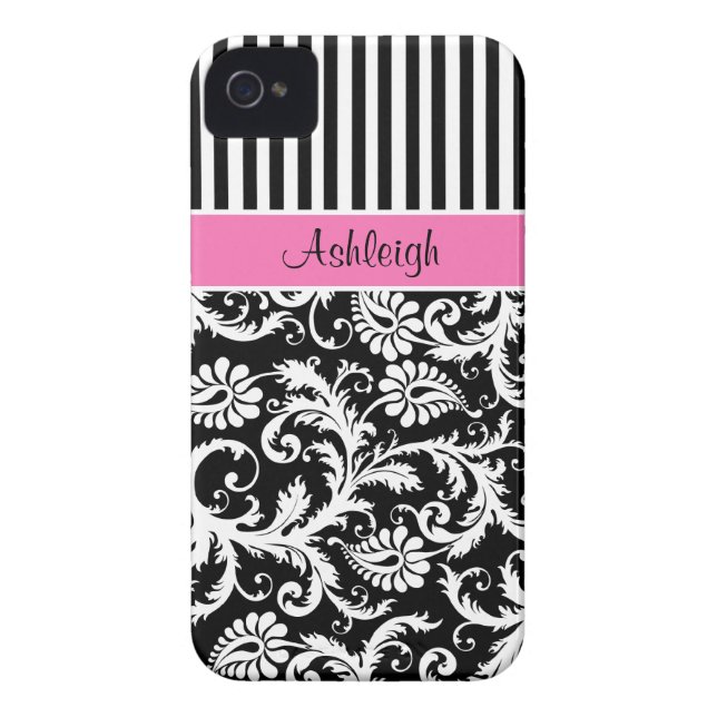 Personalized Pink, Black, White Striped Damask Case-Mate iPhone Case (Back)