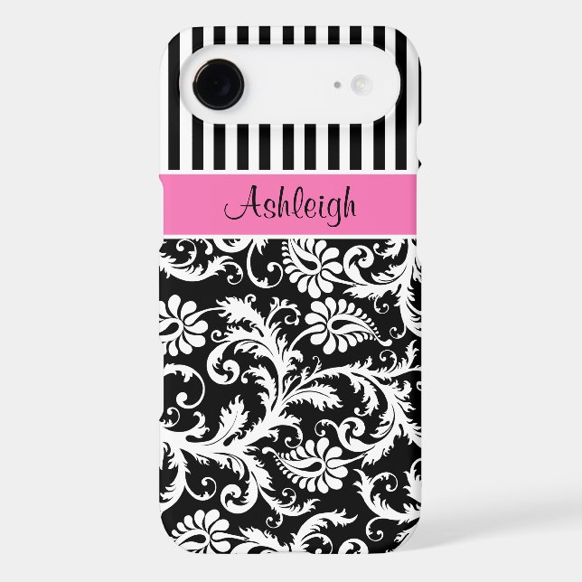 Personalized Pink, Black, White Striped Damask Case-Mate iPhone Case (Back)