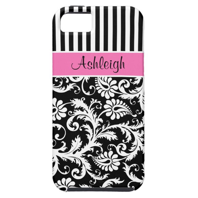 Personalized Pink, Black, White Striped Damask Case-Mate iPhone Case (Back)