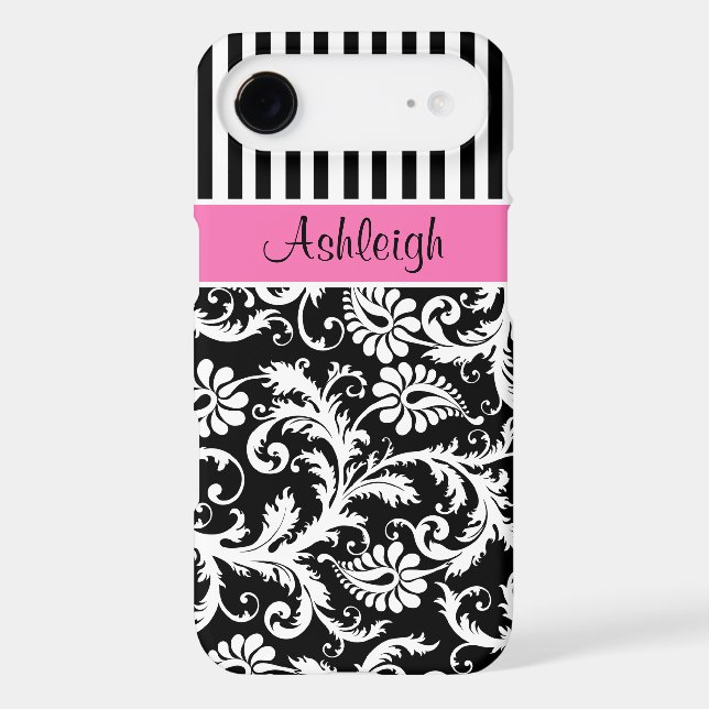 Personalized Pink, Black, White Striped Damask Case-Mate iPhone Case (Back)