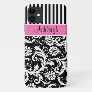 Personalized Pink, Black, White Striped Damask iPhone 11 Case