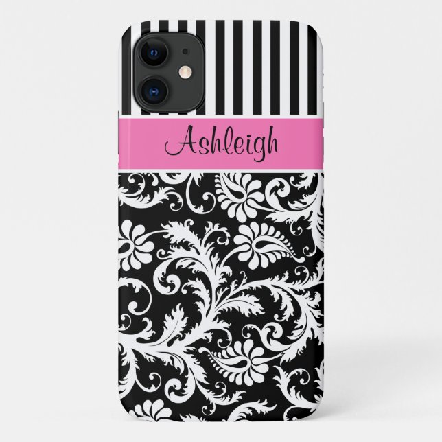 Personalized Pink, Black, White Striped Damask Case-Mate iPhone Case (Back)