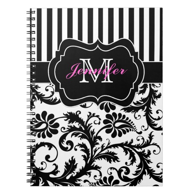 Personalized Pink Black White Striped Damask Notebook (Front)