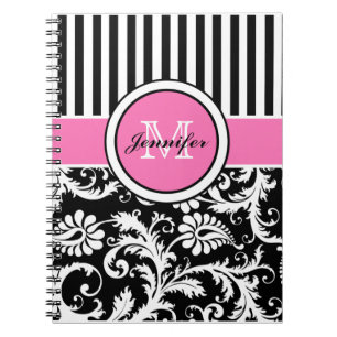 Personalized Pink Black White Striped Damask Notebook