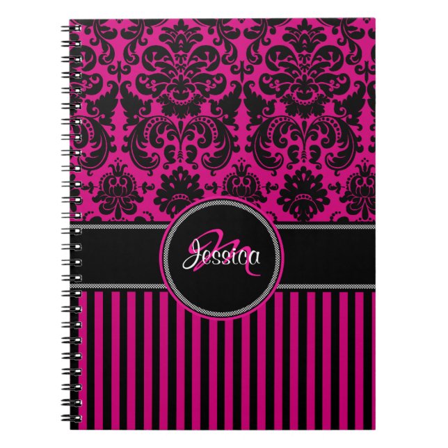 Personalized Pink Black White Striped Damask Notebook (Front)