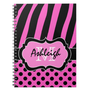 Personalized Pink Black White Striped Polka Dots Notebook
