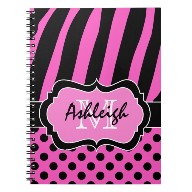 Personalized Pink Black White Striped Polka Dots Notebook (Front)
