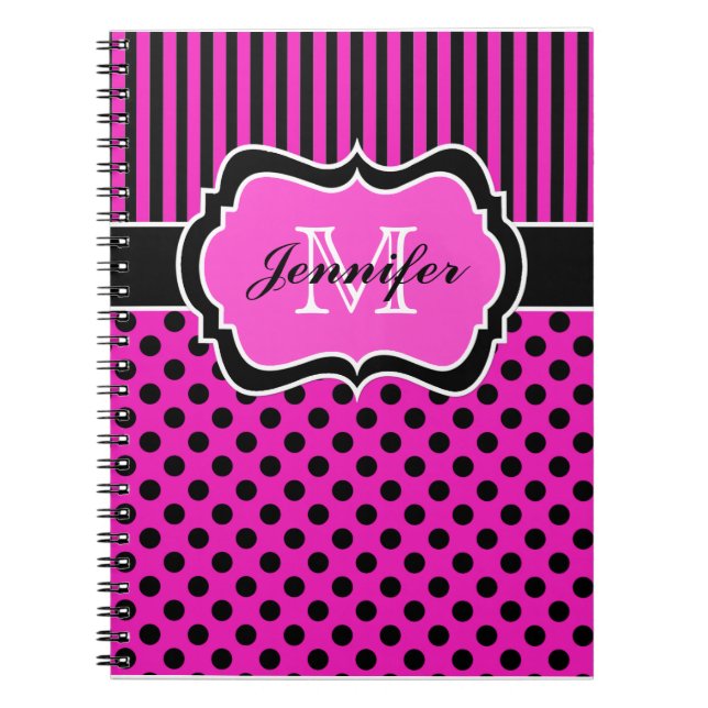 Personalized Pink Black White Striped Polka Dots Notebook (Front)