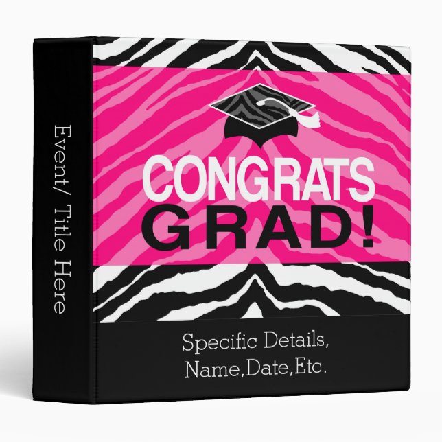 Personalized Pink Black Zebra Graduation Party Binder (Front/Spine)