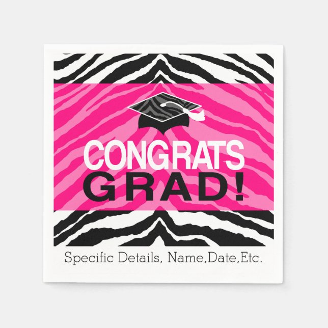 Personalized Pink Black Zebra Graduation Party Napkin (Front)