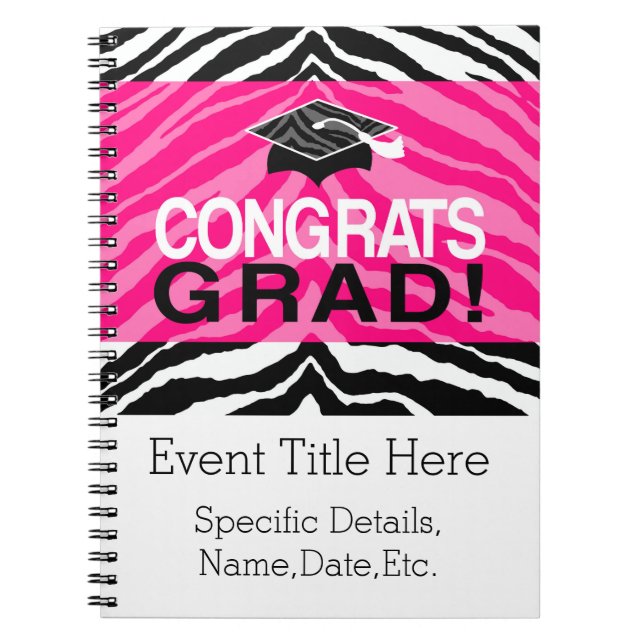 Personalized Pink Black Zebra Graduation Party Notebook (Front)