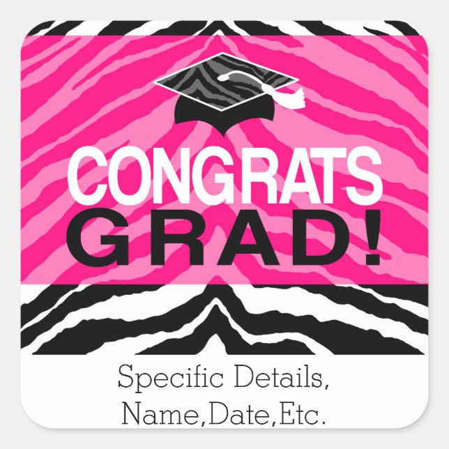 Personalized Pink Black Zebra Graduation Party Square Sticker (Front)