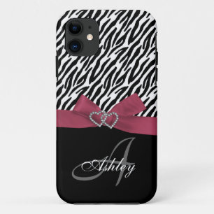 Personalized Pink, Black Zebra Stripes Monogram iPhone 11 Case