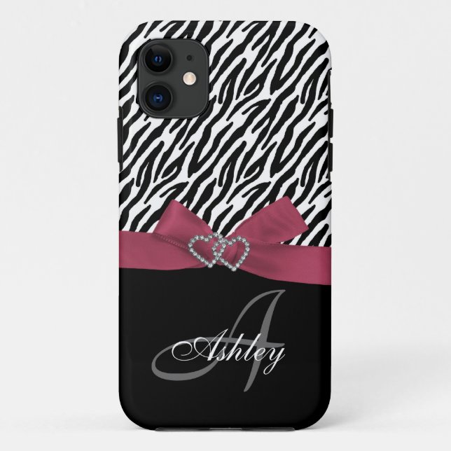 Personalized Pink, Black Zebra Stripes Monogram Case-Mate iPhone Case (Back)