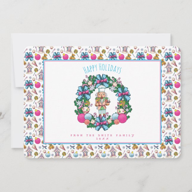 Personalized Pink Blue Christmas Nutcracker Wreath Holiday Card (Front)