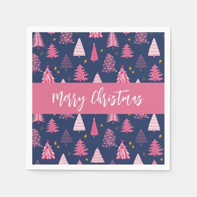 Personalized Pink Blue Christmas Tree Pattern Napkin (Front)