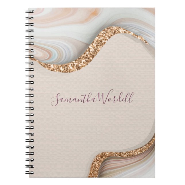 Personalized Pink Blush Agate Geode Gold Glitter Notebook (Front)
