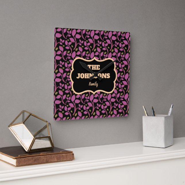  Personalized Pink Botanical Family name design  Square Wall Clock (Office)