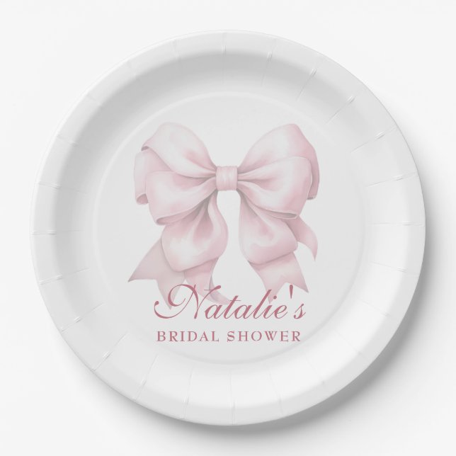 Personalized Pink Bow Bridal Shower Fancy Paper Plate (Front)