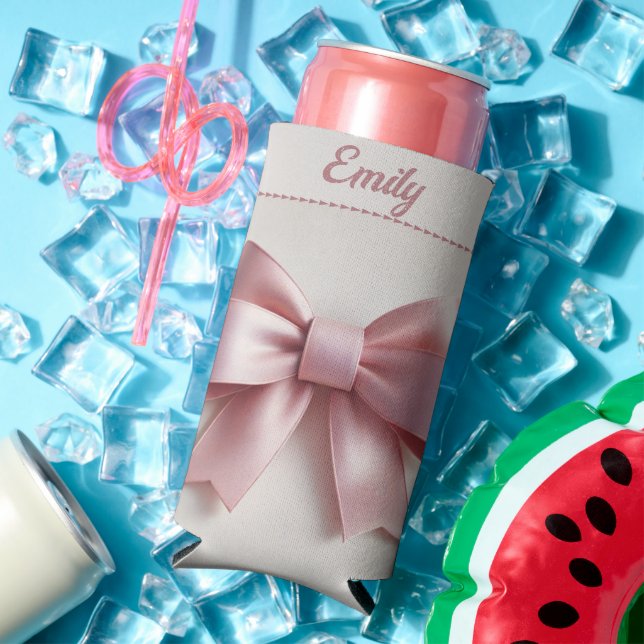 Personalized Pink Bow Can Cooler - Cute & Unique (In Situ Summer)