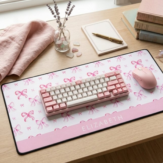 Personalized Pink Bow Coquette Cute Name Office Desk Mat (Creator Uploaded)