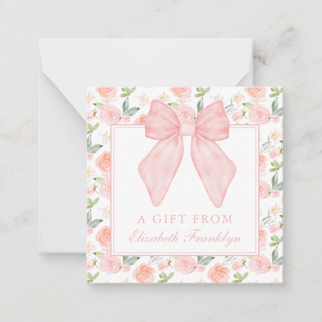 Personalized Pink Bow Floral Girls Gift Enclosure Card (Front)