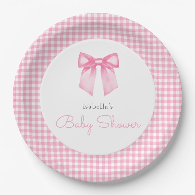 Personalized Pink Bow Girl Baby Shower Paper Plate (Front)