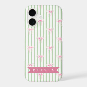 Personalized Pink Bow Green Stripe Coquette Preppy