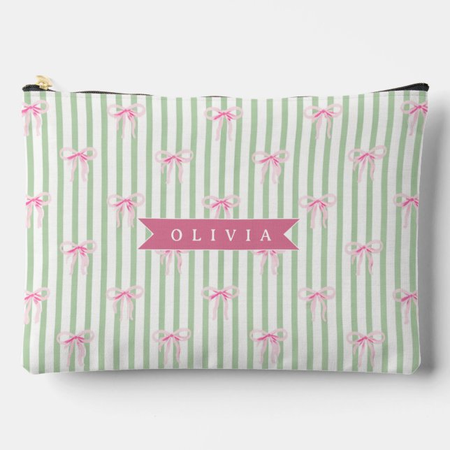 Personalized Pink Bow Green Stripe Coquette Preppy Accessory Pouch (Front)
