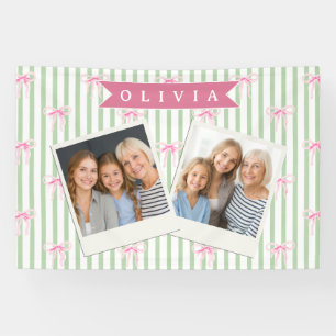 Personalized Pink Bow Green Stripe Coquette Preppy Banner