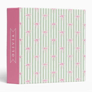 Personalized Pink Bow Green Stripe Coquette Preppy Binder
