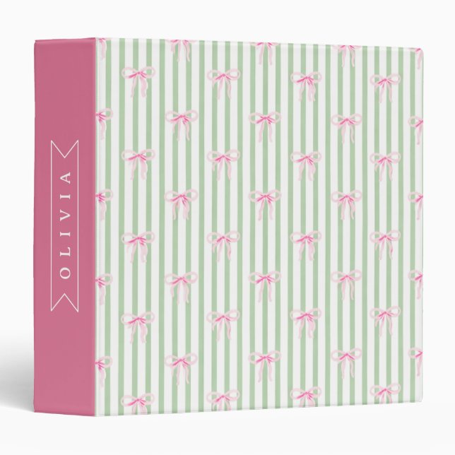 Personalized Pink Bow Green Stripe Coquette Preppy Binder (Front/Spine)