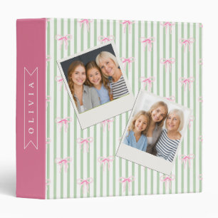 Personalized Pink Bow Green Stripe Coquette Preppy Binder