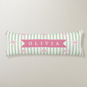 Personalized Pink Bow Green Stripe Coquette Preppy Body Pillow