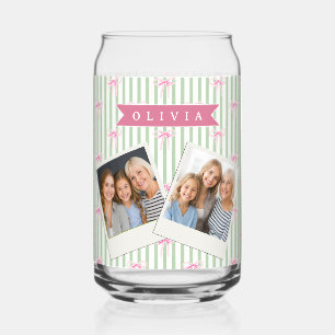 Personalized Pink Bow Green Stripe Coquette Preppy Can Glass