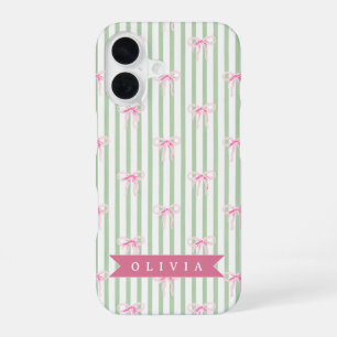 Personalized Pink Bow Green Stripe Coquette Preppy iPhone 16 Case