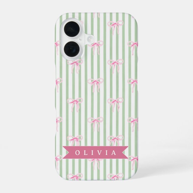 Personalized Pink Bow Green Stripe Coquette Preppy iPhone 16 Case (Back)