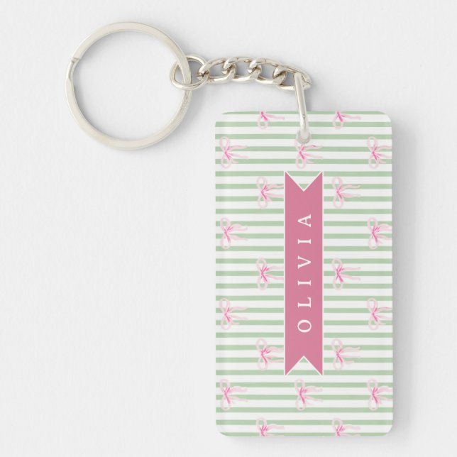 Personalized Pink Bow Green Stripe Coquette Preppy Keychain (Front)