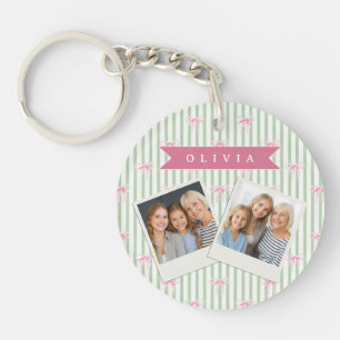 Personalized Pink Bow Green Stripe Coquette Preppy Keychain