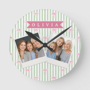 Personalized Pink Bow Green Stripe Coquette Preppy Round Clock