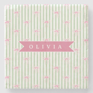 Personalized Pink Bow Green Stripe Coquette Preppy Stone Coaster