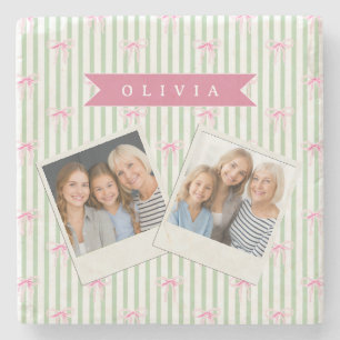Personalized Pink Bow Green Stripe Coquette Preppy Stone Coaster