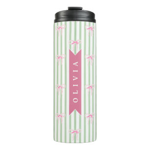 Personalized Pink Bow Green Stripe Coquette Preppy Thermal Tumbler