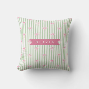 Personalized Pink Bow Green Stripe Coquette Preppy Throw Pillow