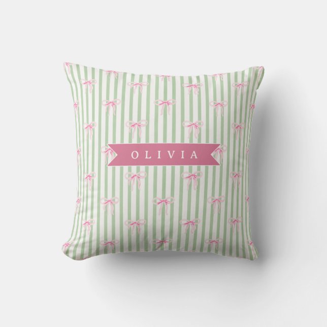 Personalized Pink Bow Green Stripe Coquette Preppy Throw Pillow (Front)